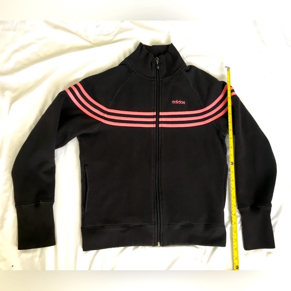 90’s EUC Adidas black zip up sweatshirt like jacket with pink stripes/accents.